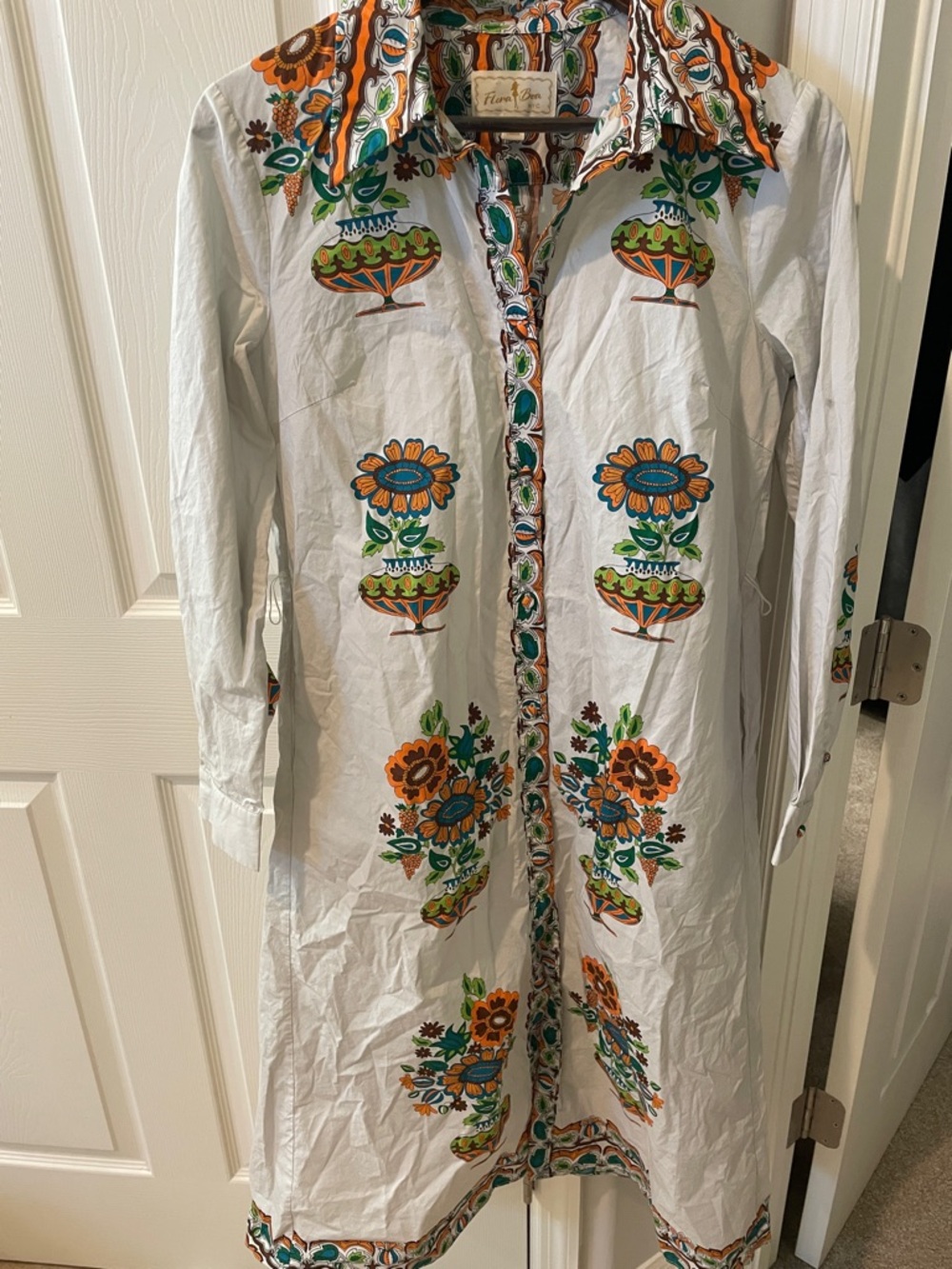 Flora Bea White Midi Dress with Orange & Green Accents retro style